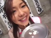 Asian teen eating cum from plate