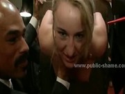 Sex slave is bound tight in middle of public room and forced to