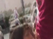 Slutty campus babe giving head and fucking on a parking lot