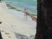 Brunette babes in bikini spied on and outdoor threesome sex