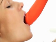 Brunette in red riding sexy dildo