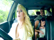 Jimena Lago gives him a sneaky blowjob as his stepmom Angel Wicky driving them